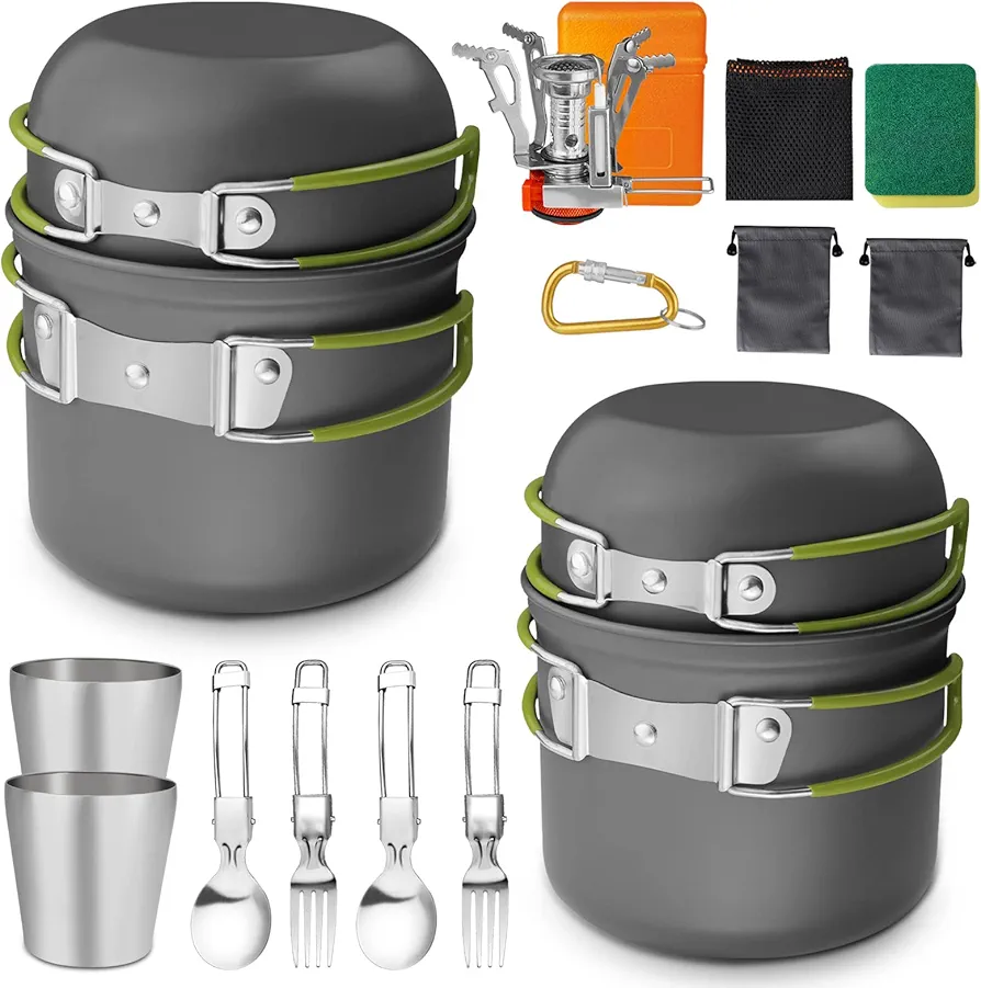 AUTOPkio Kit de Utensilios de Cocina Camping, 18 PCS Juego de Utensilios de Cocina con Sartén y Ollas, Estufa, Plegable Cubiertos, Taza para Viaje, Excursión, Senderismo, BBQ, Picnic