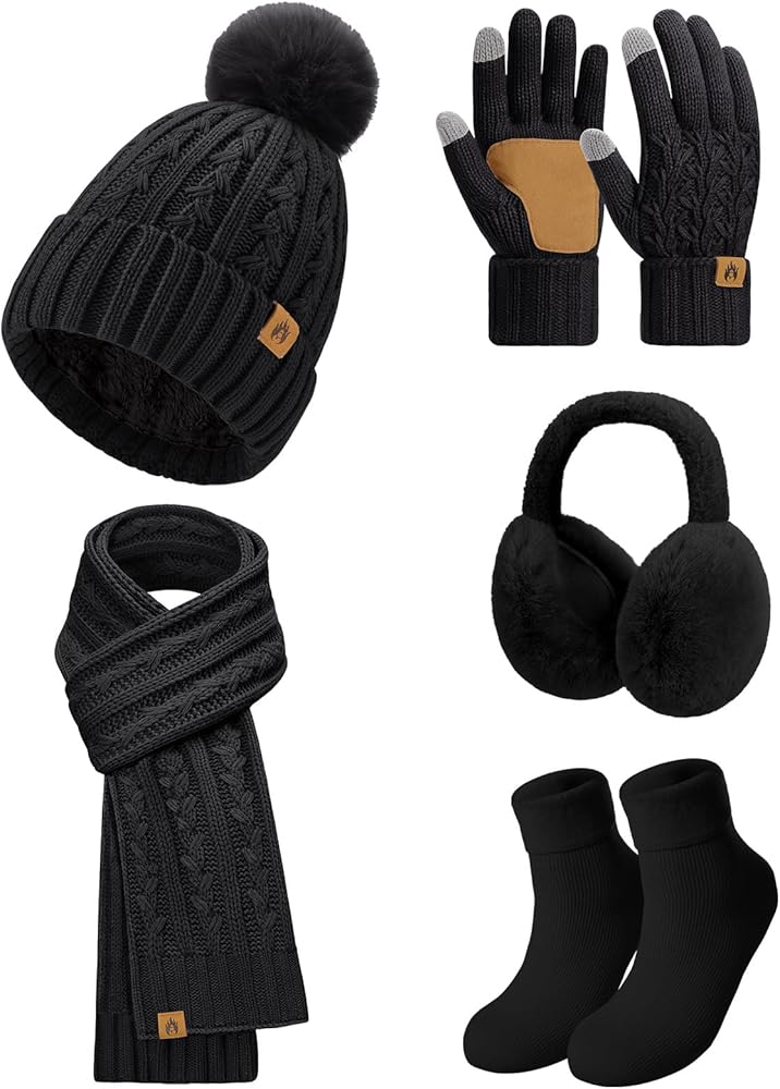 UMIPUBO Gorro Bufanda y Guantes Invierno Set 5PCS Mujer Gorros con Pompon Bufanda Termico Larga Invierno Guantes de Pantalla Táctil Orejeros de Felpa Calcetines Térmicos 5 Piezas Set