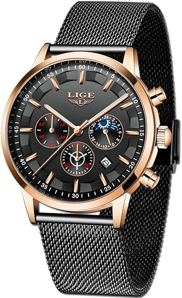 LIGE La Moda Relojes Hombre Negocios Impermeable Cuarzo simulado Reloj Fase Lunar Negro Acero Inoxidable Cinturón de Malla Relojes de Pulsera