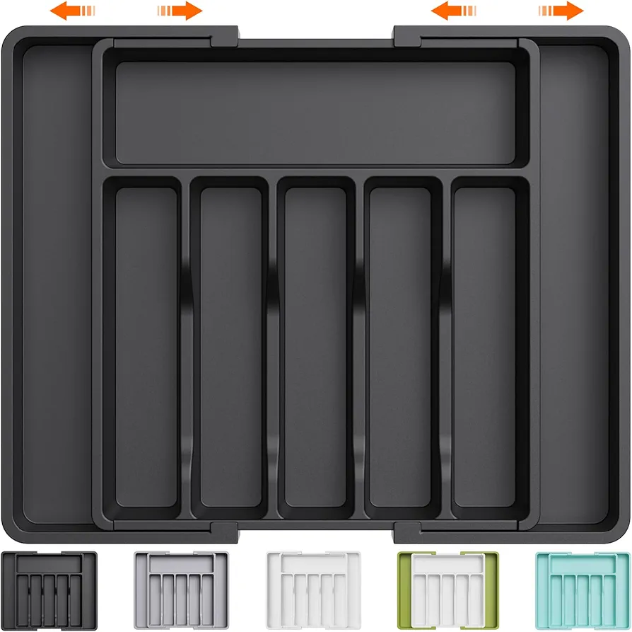 Lifewit Organizador de Cubiertos, Bandeja para Cubiertos Extensible, Cubertero para Cajón para Menaje, Organizador de Cubertería Ajustable y Compacto para Cucharas Tenedores Cuchillos, Grande, Negro