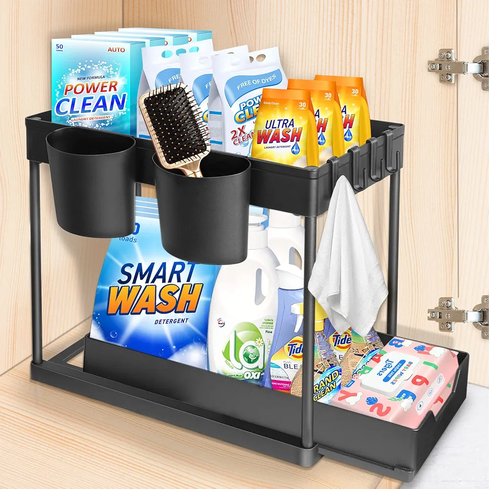 YOCOLE Organizador Bajo Fregadero 2 Niveles, Deslizable Estante Almacenamiento Debajo Fregadero con 4 Ganchos y 2 Cesta Colgante, Cajon Extraíble para Cocina Bano, Negro