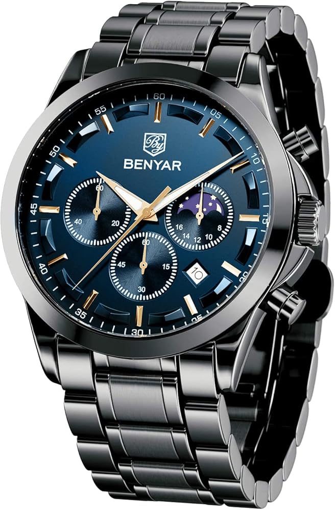 BENYAR Relojes para Hombre Analógico Movimiento Cuarzo Cronografo Impermeable Luminoso Moda Casual Reloj de Pulsera Correa de Cuero Elegante Regalo para Hombre