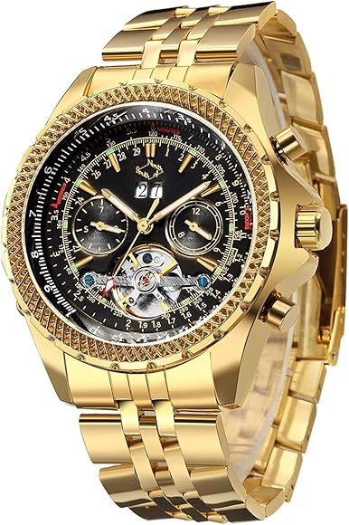 GuTe Lujo hombres reloj de pulsera automático mecánico de Gold-tone Wind Esfera de color negro luminoso