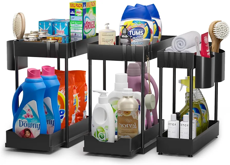 Cinnani 3 Paquete Organizador Bajo Fregadero 2 Niveles,Organizador Cocina con 12Ganchos y 2Cesta Colgante,Deslizable Organizador Debajo Fregadero,Under Sink Organizer para Kitchen Baño Encimera,Negro