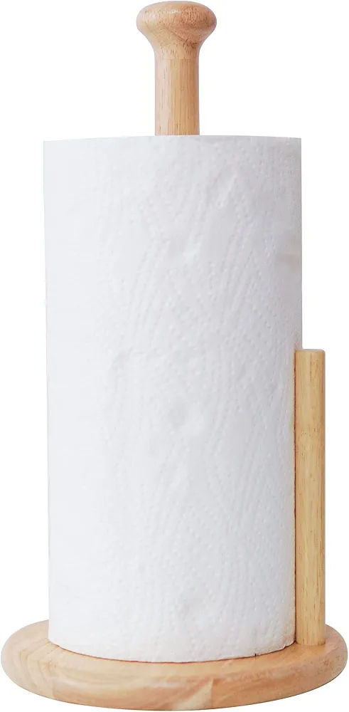 E-ROOM TREND Portarrollos para Papel de Cocina Vertical 18 cm x 35cm Color de la Naturaleza de la Madera con Base Redonda de Madera de Caucho para Mesa de Cocina Decoración del hogar(ZJ281Y)