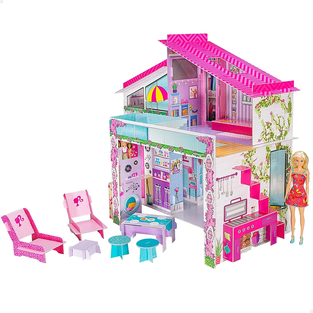 Lisciani - Casa de Muñecas - BARBIE Villa de Vacaciones con Muñeca - Juego de Imaginación - Casa De Cartón Para Montar Y Decorar - Ocio Creativo - Para Chicas De 4 Años