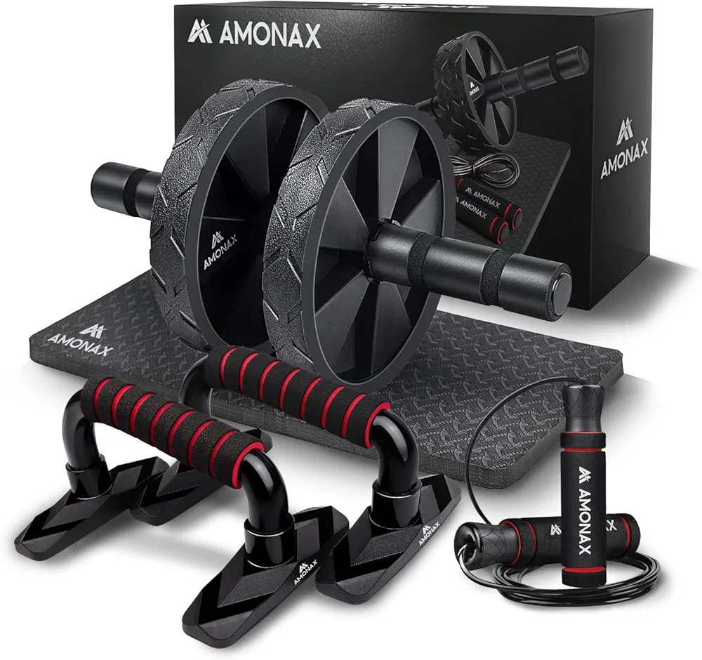 Amonax - Rodillo de rueda para abdominales con alfombrilla grande para ejercitar abdominales, doble rueda con modos de entrenamiento de fuerza dual en el gimnasio en casa