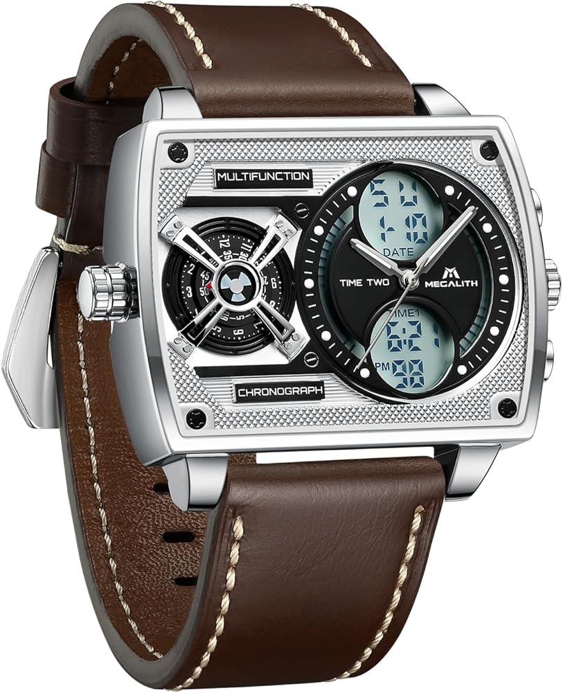 MEGALITH Reloj Hombre Grande Impermeable Relojes Hombre Elegante Digitale Analogico Reloj de Pulsera Diseño Esfera Rectangular Zona Horaria Múltiple