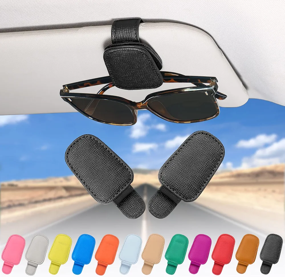 quipuda 2 Unidades Cuero Auténtico Soporte Gafas Coche-Portagafas para Coche-Porta Gafas para Coche(Negro)