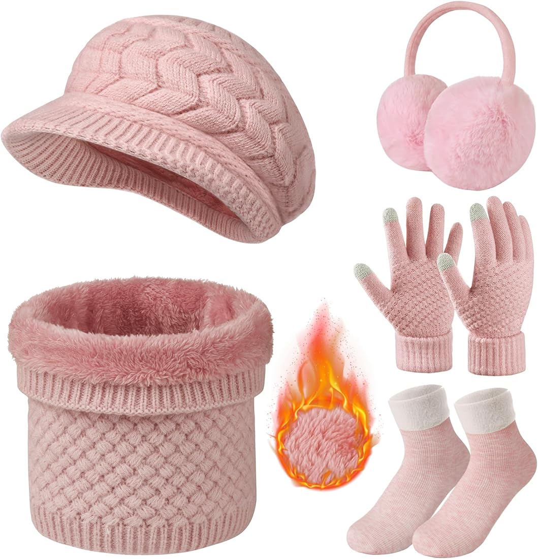 RITOSTA Conjunto Bufanda Gorro y Guantes Mujer Set 5PCS Gorro de Punto Guantes Táctil Calentadores de Orejeras y Calcetines Termicos Cuello de Bufanda Invierno Regalo Mujer para Esquí