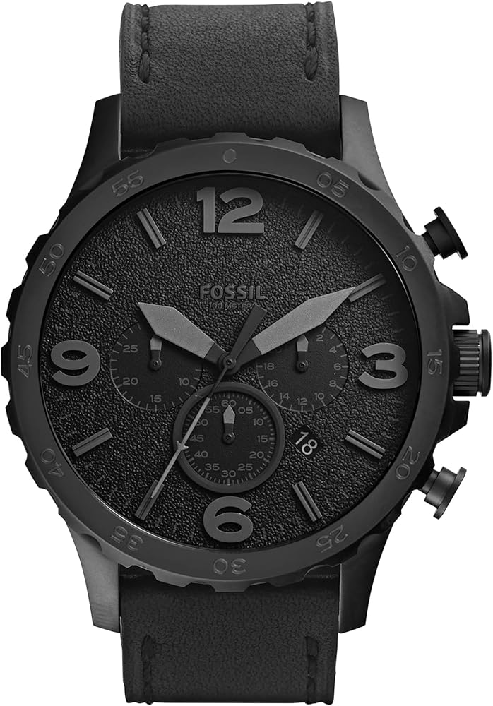 Fossil Reloj para hombre Nate, movimiento cronógrafo de cuarzo, caja de acero negro de 50mm con correa de piel auténtica, JR1354