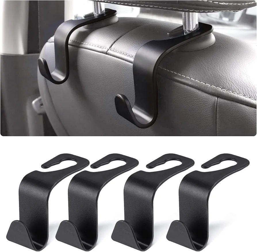 URAQT Ganchos para Asiento de Coche, 4PCS Gancho de Asiento Trasero de Coche, Ganchos para Reposacabezas de Coche, Negro Multifuncionales Accesorios Coche, para Bolsas, Monedero, Botellas de Agua