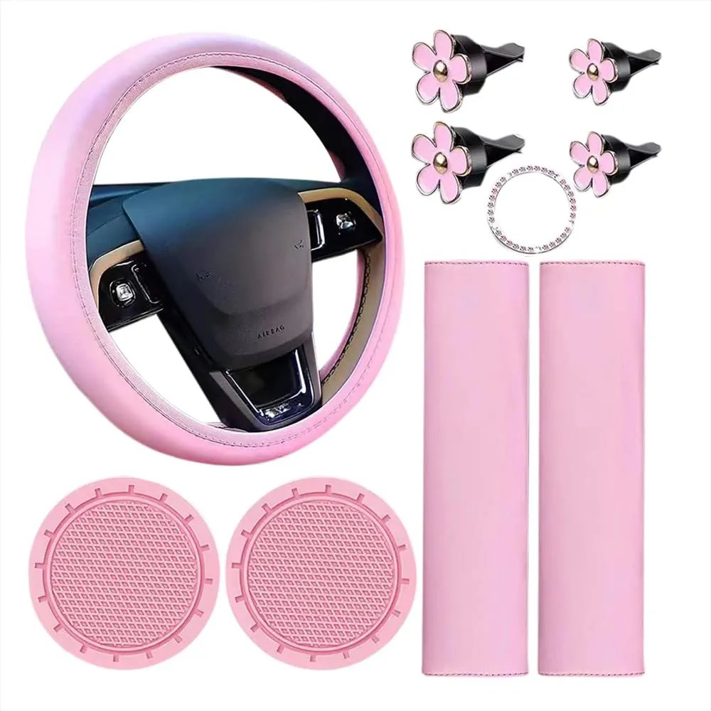 Glorlliant Juego de 10 Piezas de Funda de Cuero Rosa para Volante para Mujer, Lindo Juego de Accesorios de Automóvil con Almohadillas para Cinturón de Seguridad, Almohadillas para Hombros Y Portavasos