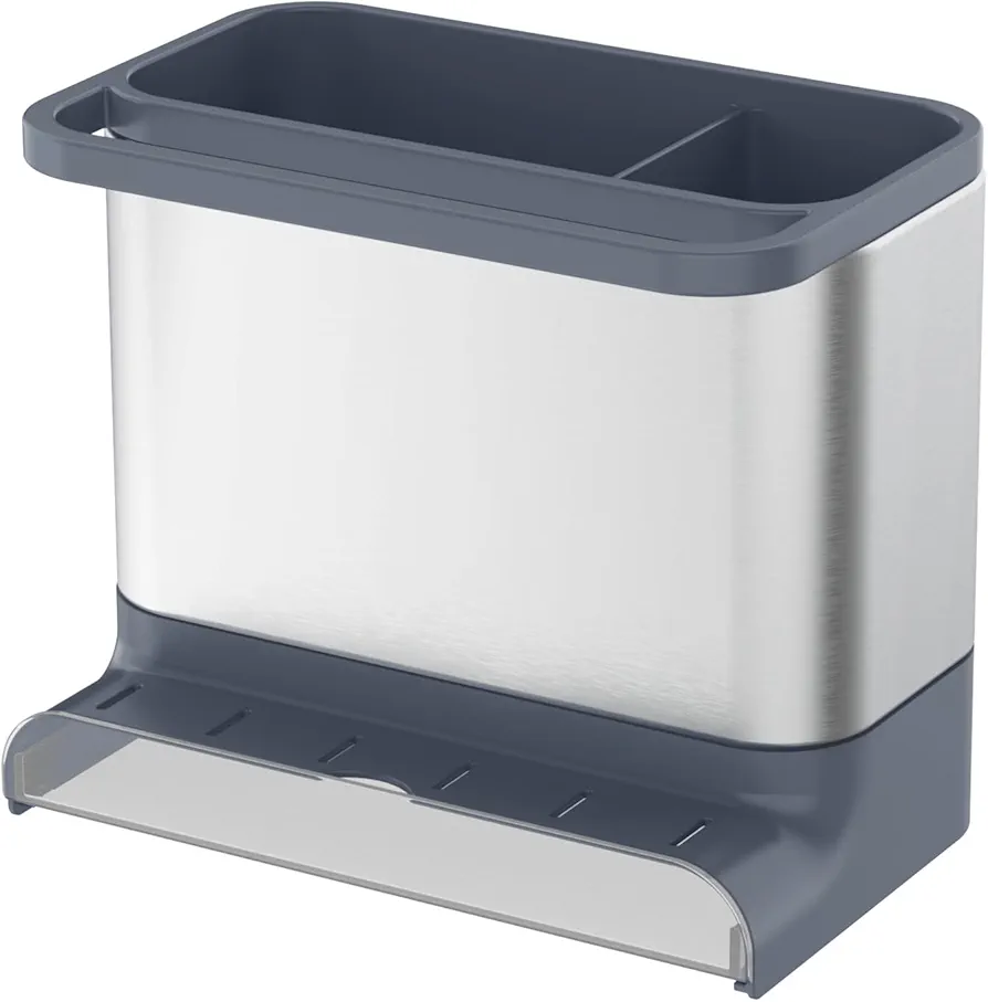 Amig - Organizador de Fregadero Noxi | 15,4 x 11,4 x 18 cm | Acero Inoxidable y Plástico Resistente | Color gris | Soporte para Esponjas, Cepillos y Detergente con Bandeja Desmontable