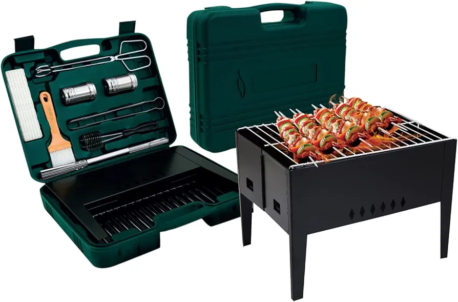 barbacoa – Parrilla plegable con herramientas para barbacoa | Kit completo accesorios para parrilla con bolsa portátil – Regalos para parrilla al aire libre para hombres