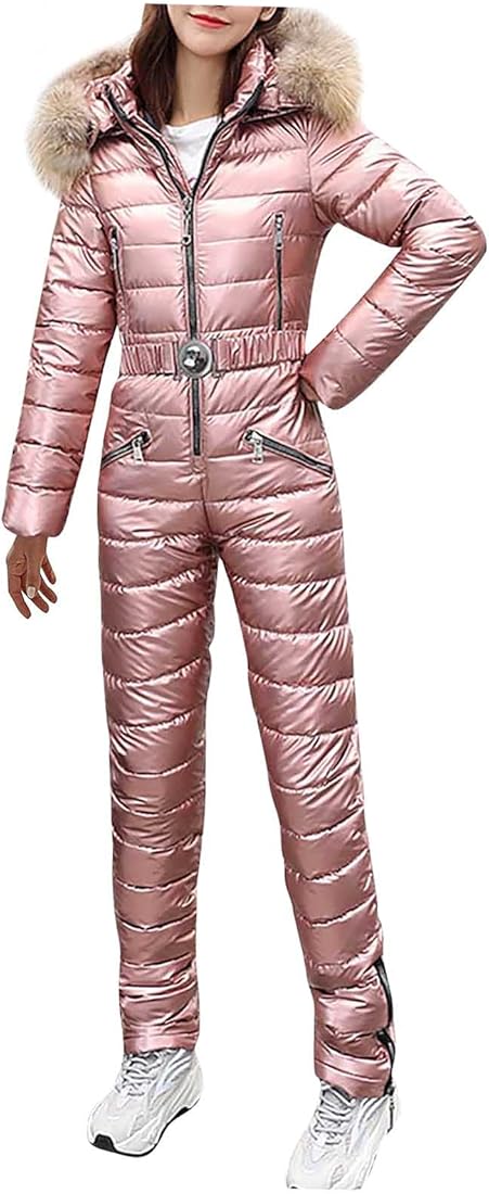 Traje de esquí metálico para mujer, overol de nieve aislado de invierno con cuello de piel sintética desmontable, traje de esquí acolchado de cuerpo completo, equipo de esquí resistente al viento e