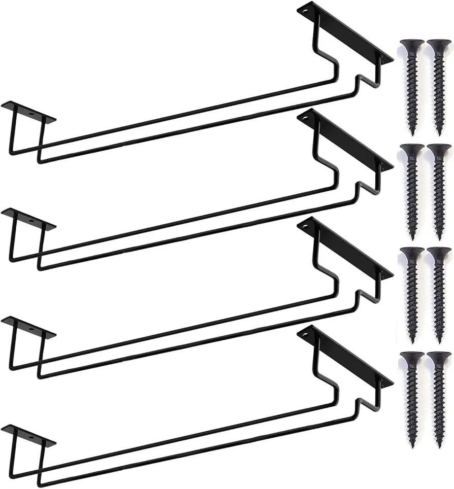 AMZMUKAUP 4 Piezas Soporte Copas Colgante, Estante Colgar Copas de Vino Estante para Copas de Vino Soporte para Copas de Vino Debajo del Estante con Tornillos para Hogar, Bar, Cocina, Restaurante