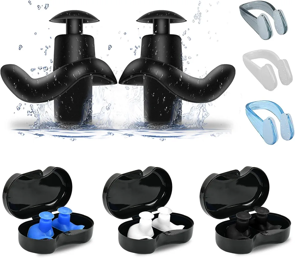 EKKONG 3 Pares Tapones Oidos Natación，Equipado Con Nose Clip Unisex Adultos Artículos Deportivos Imprescindibles para Las Actividades Acuáticas del Verano (negro, blanco, azul)