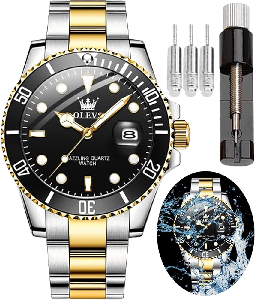 OLEVS Reloj para Hombre, Resistente al Agua, Reloj de Pulsera de Lujo de Acero Inoxidable de Dos Tonos con Fecha de día, Reloj de Cuarzo clásico Deportivo clásico de Moda