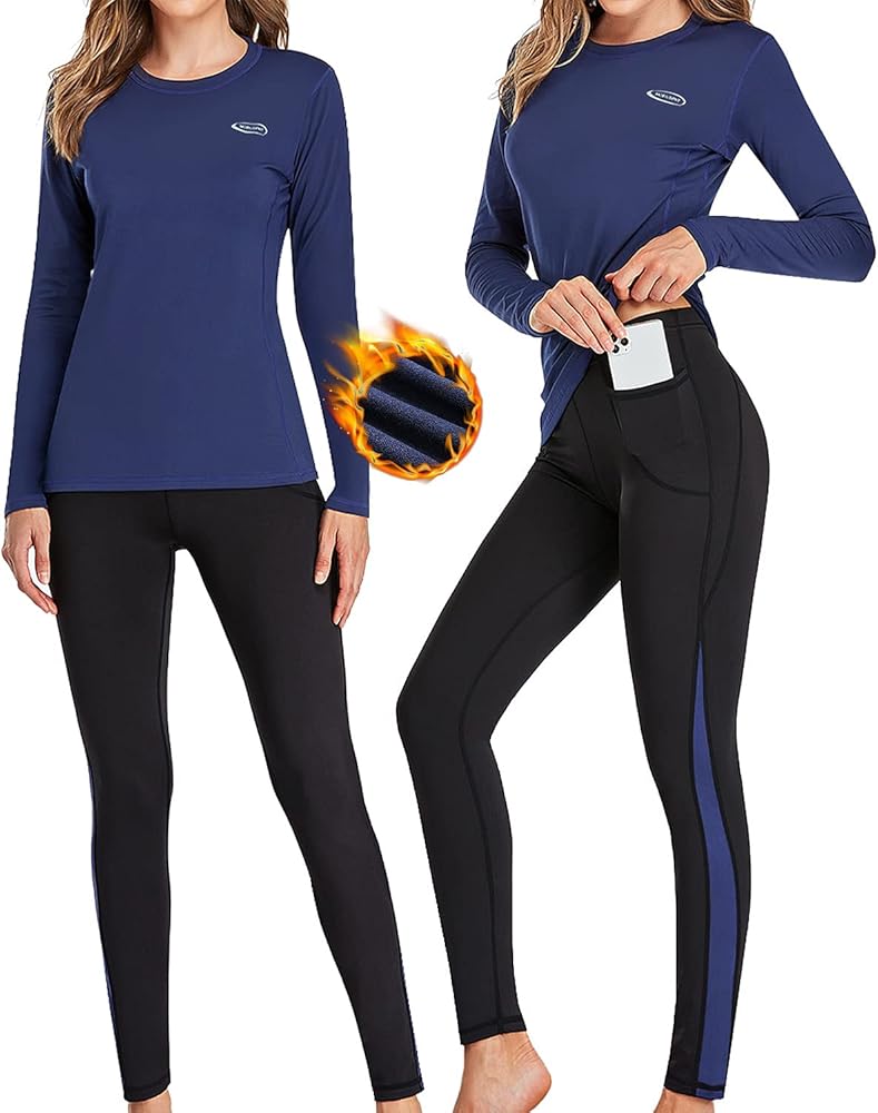 Ropa Interior Térmica Mujer, Camiseta Térmica Mujer Deportes Ropa Interior Funcional Conjuntos Térmicos Termo Invierno Otoño con muy elástica para Running Esquí Montaña Ciclismo Fitness Azul Gris