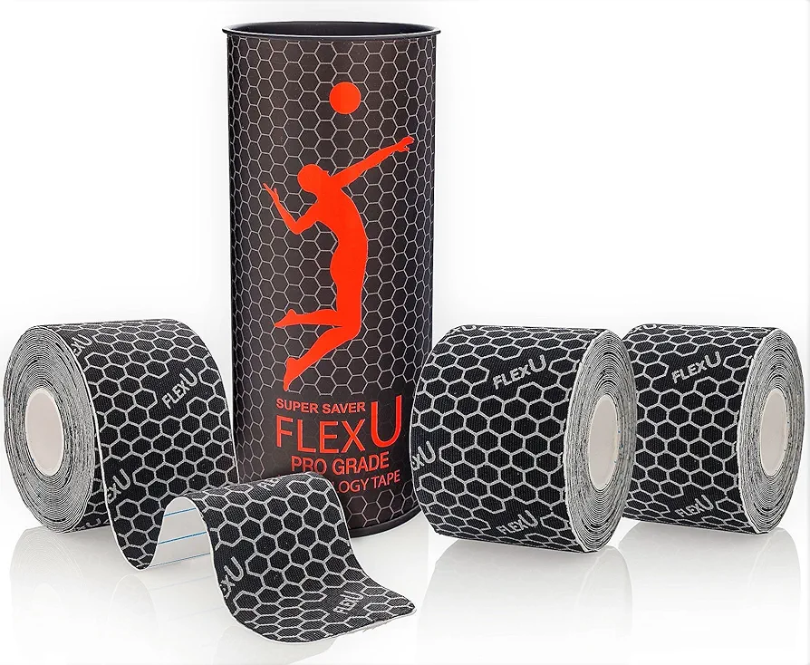 FLEXU Cinta de kinesiología Negra - 60 Tiras precortadas de 5 x 25 cm para la Zona Lumbar, Las Rodillas y los Hombros; Alivio del Dolor y Soporte para músculos y articulaciones