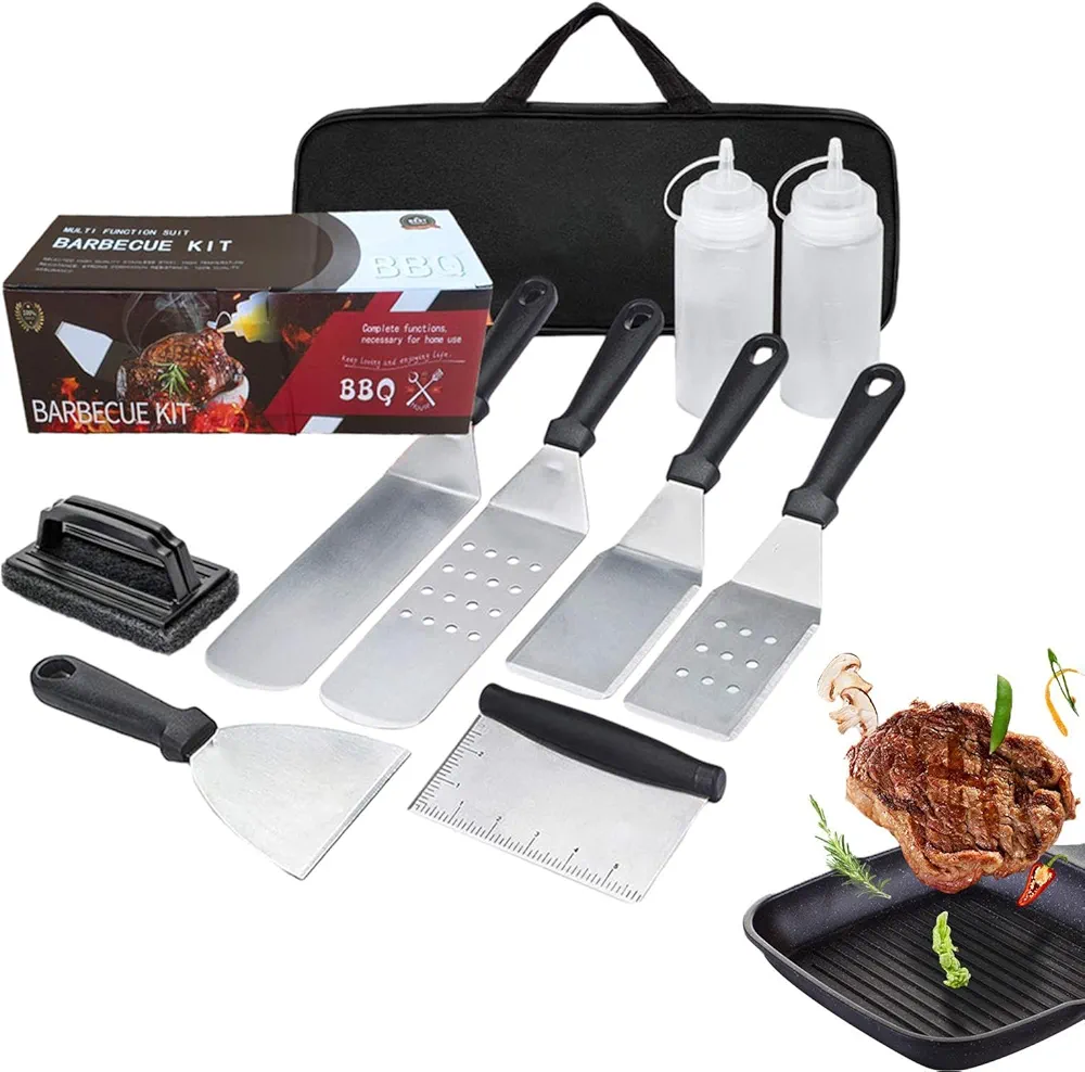 Imtrub Juego de herramientas para parrilla de 9 piezas, juego de utensilios para parrilla de 9 piezas - Kit de parrilla de barbacoa de metal Juego de cocina de barbacoa de acero inoxidable | Juego de