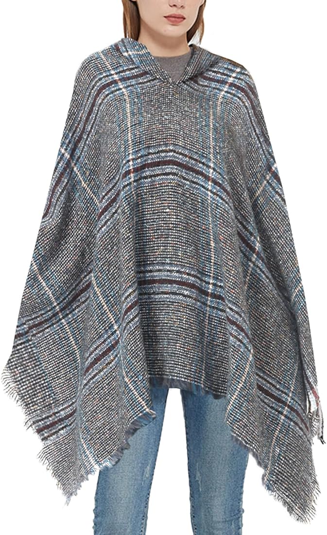 crazy bean Poncho Mujer con Capucha Capa Mujer Invierno Elegante Plaid Poncho da Punto Chal Holgado Cálido Capa para Otoño Invierno