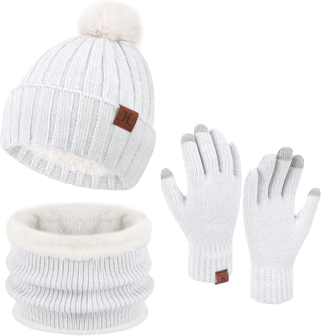 ZASFOU Gorros de invierno para mujer, bufanda, guantes para pantalla táctil, juego de chenilla de punto, gorro de invierno, guantes de invierno, bufanda