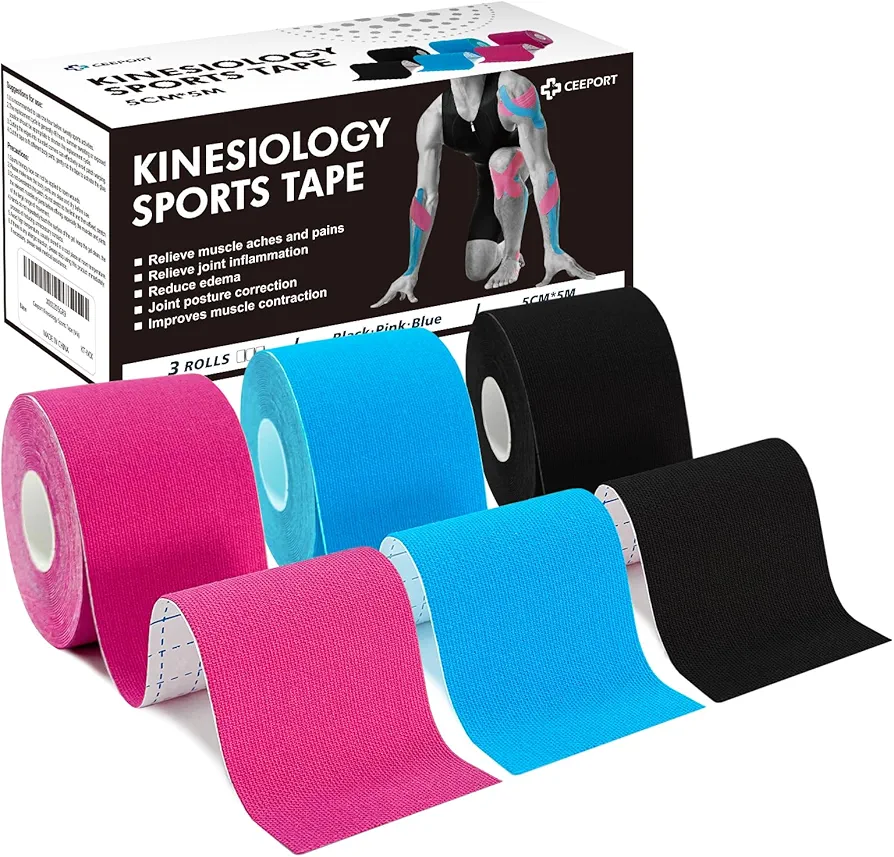 Ceeport Cinta de kinesiología (5 cm x 5 m, 3 rollos) Cinta elástica deportiva para apoyo muscular articular y corporal, hombros, tobillo, codo, muñeca, espinillas y alivio del dolor muscular de