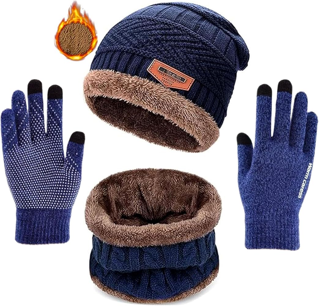 ASYBHYY Gorras Invierno con Bufanda y Guantes Táctiles Antideslizante 3 en 1 de Punto Sombreros Slouchy Calentar Gorro con Forro Polar para Mujeres y Hombres