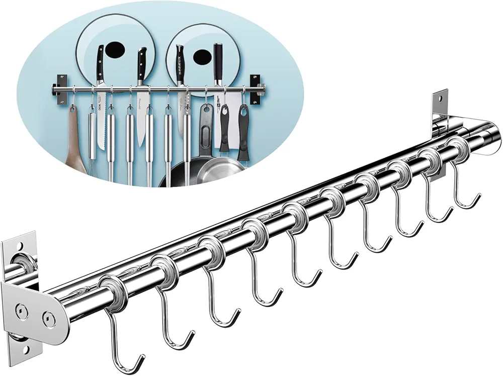 EINFAGOOD® Barra colgante de cocina sin necesidad de taladrar, 12 ganchos con soporte para cuchillos y tapas de ollas, acero inoxidable doble tubo. Longitud