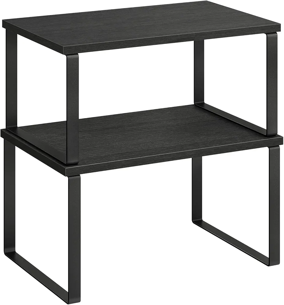 SONGMICS Estante para Especias, Juego de 2, Organizador de Armario, Estante de Almacenamiento de Cocina Extensible, Especiero de Metal y Madera de Ingeniería, Negro Ébano y Negro KCS02B01