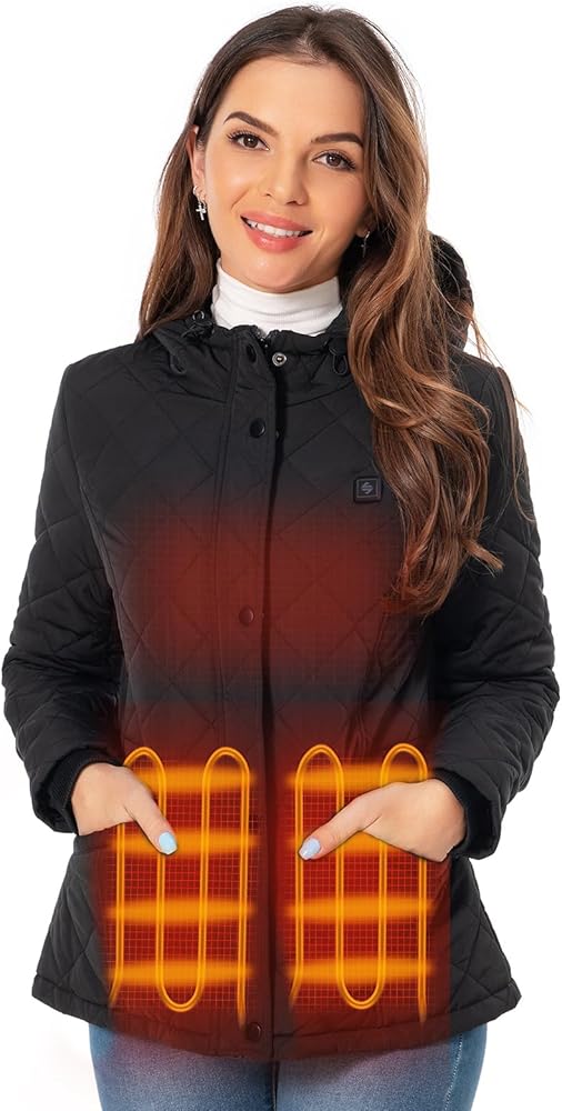 SGKOW Chaqueta Calefactable para Mujer con Paquete De Batería, Abrigo Térmico a Prueba De Viento e Impermeable, Eléctrico Chaqueta con Capucha para Caza, Exteriores, Senderismo, Camping