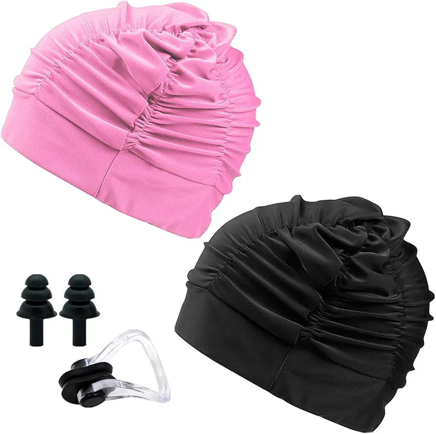 2 Gorros de natación para Mujer con 1 Clip para la Nariz y 1 par de Tapones para los oídos, Gorro de natación elástico, Gorro de natación para Adultos, artículos de natación