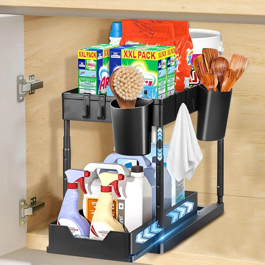 DICLLY Organizador Bajo Fregadero Deslizable 2 Niveles,Deslizante Almacenaje Debajo Fregadero con 2 Cestas Colgantes,4 Ganchos,4 Varillas Soporte Metal,Almacenaje Óptimo Cocina,Baño y Hogar,Negro