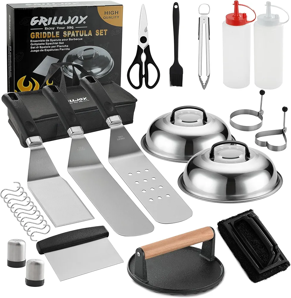 grilljoy Juego de Accesorios Profesional para Plancha, Kit de espátulas para Plancha con Prensa para Hamburguesas, 28 Pcs Kit de Utensilios Barbacoa para Parrilla, Plancha, Teppanyaki, Barbacoa Party