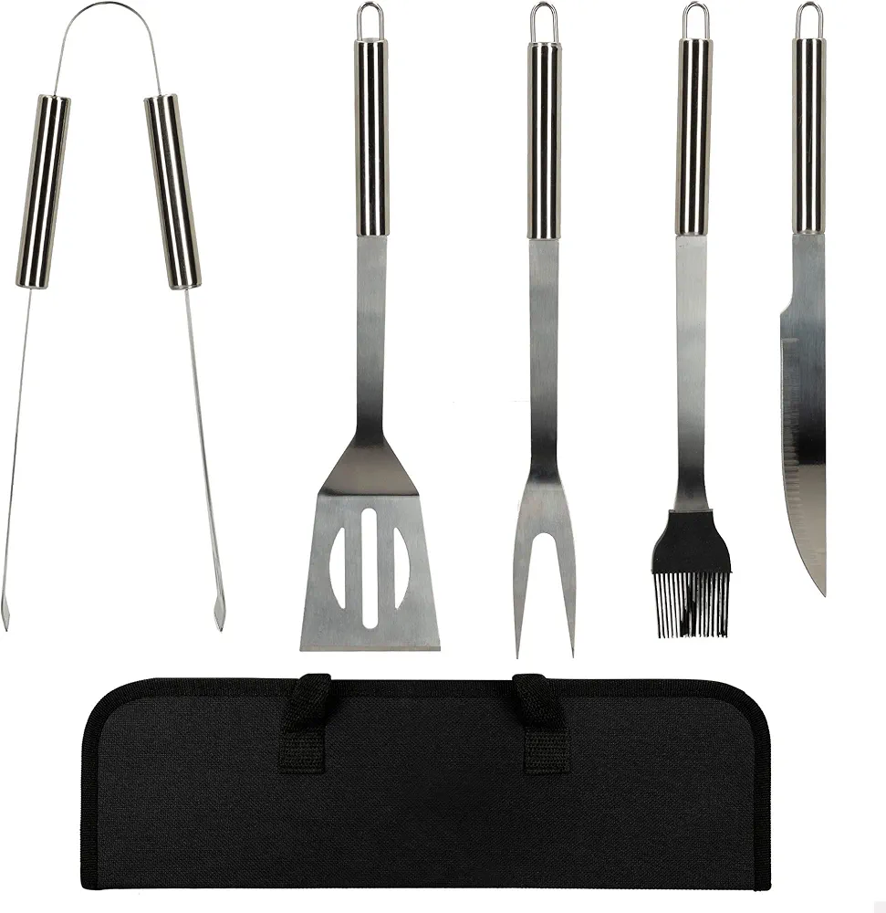 Aktive 52981 - Utensilios barbacoa | Maletín barbacoa incluye 5 piezas: brocha cocina, pinzas barbacoa, espátula barbacoa, tenedor y cuchillo | Material acero inoxidable | Fácil de transportar