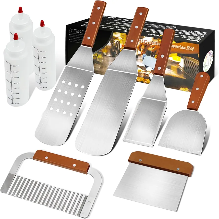 MAIKEHIGH Set de Utensilios Barbacoa - 9Pcs Espatula Plancha Kit Profesional Espátula Cocina Acero Inoxidable Parrilla Accesorios para BBQ, Grill, Teppanyaki, Camping, Tapa Plana