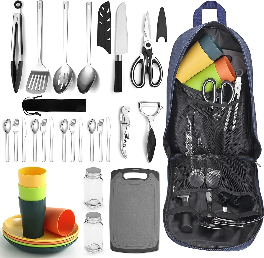 Berglander Juego de Utensilios de Cocina para Camping con Juego de Cubiertos y Plato, Tazas vajilla, Camping Accesorios Camper, Utensilios de Cocina para Acampada, para Picnic, Barbacoa y Camping