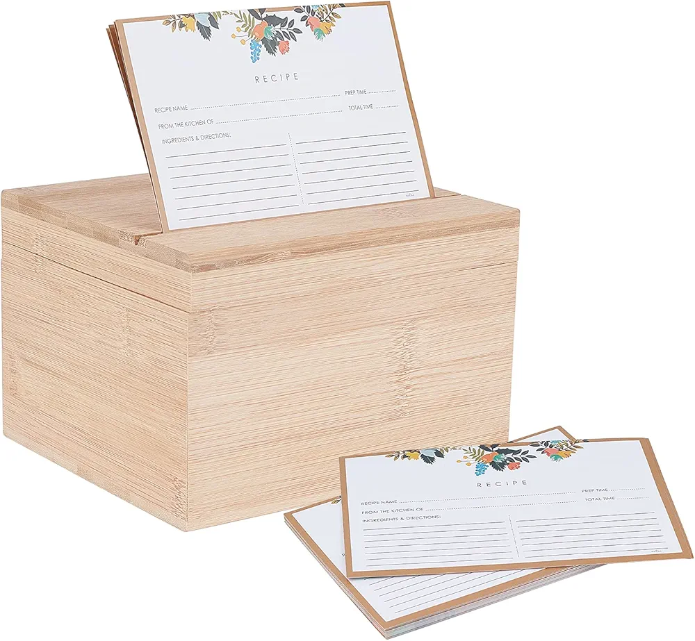 NBEADS 1 juego de caja de recetas de madera con 50 tarjetas de papel, caja para tarjetas de recetas, funda de madera con tapa para cocina, almacenamiento en el hogar, 18 x 16,5 x 12,1 cm