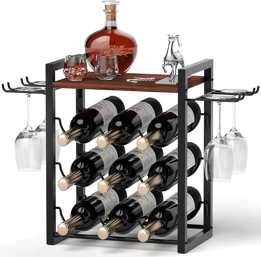 TIPSYTREE Estante de vino para encimera, soporte de vino de madera con bandeja, capacidad para 9 botellas de vino y 4 copas, estante de vino independiente para el hogar, cocina, bar, bodega de vino