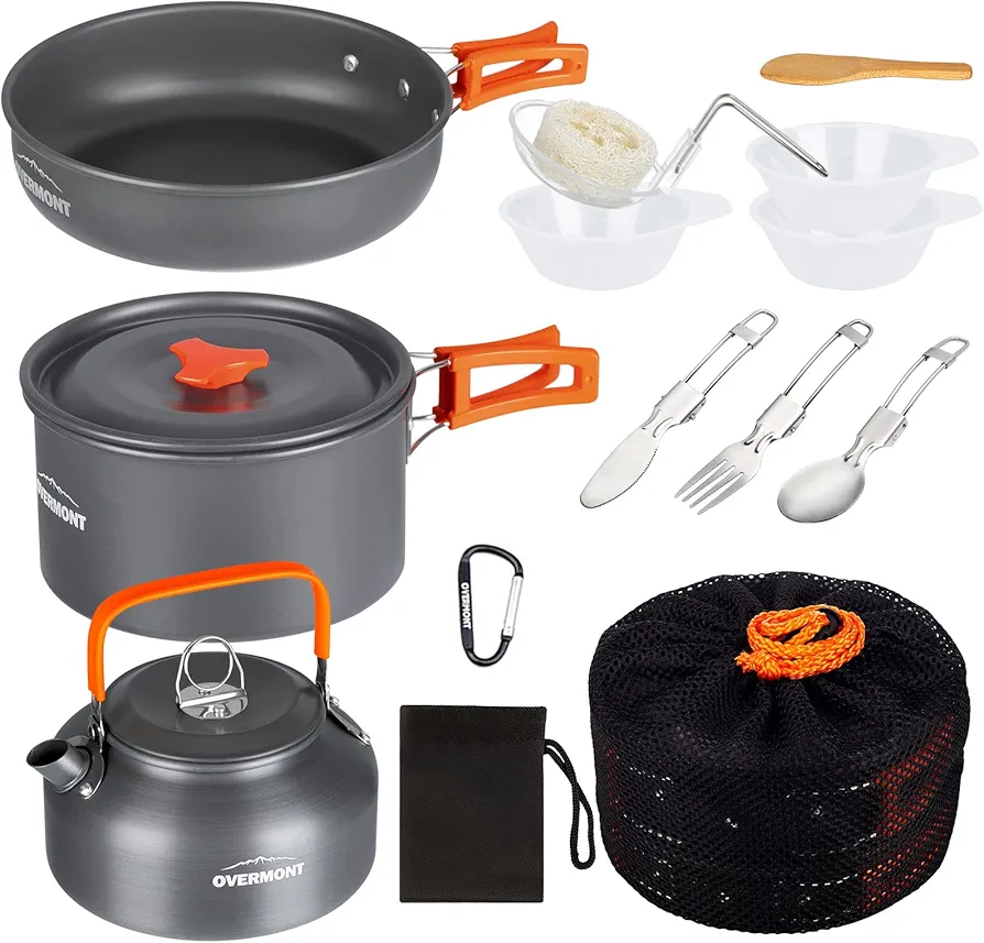 OVERMONT 14Pcs Kit de Utensilios Cocina Camping Olla Sartén Tetera Vajilla para Acampada Senderismo Excursión al Aire Llibre de Aluminio