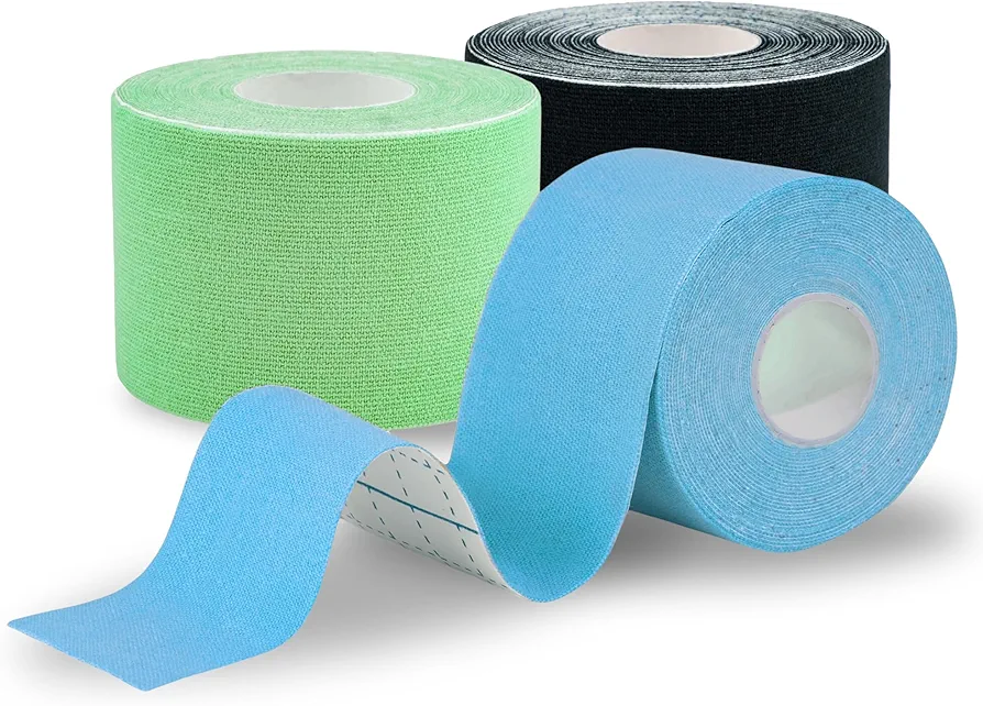 CATGRIPS Kinesiotape, pack 3 rollos de Cinta Kinesiológica para articulaciones y músculos, Cinta Deportiva para lesiones, fisioterapeuta, vendaje neuromuscular (Azul+Verde+Negro, 3 tapes x 5cm)