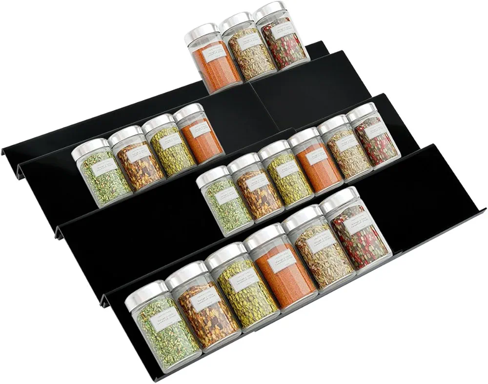 USENG Porta Especias Cocina Spice Rack,Sistema Organizador Estanteria Especias Cocina Negro de 8 Piezas Que Se Extiende De 33,5 cm a 67 cm,Estanteria Especias Organizador de Cocina Armario Encimera