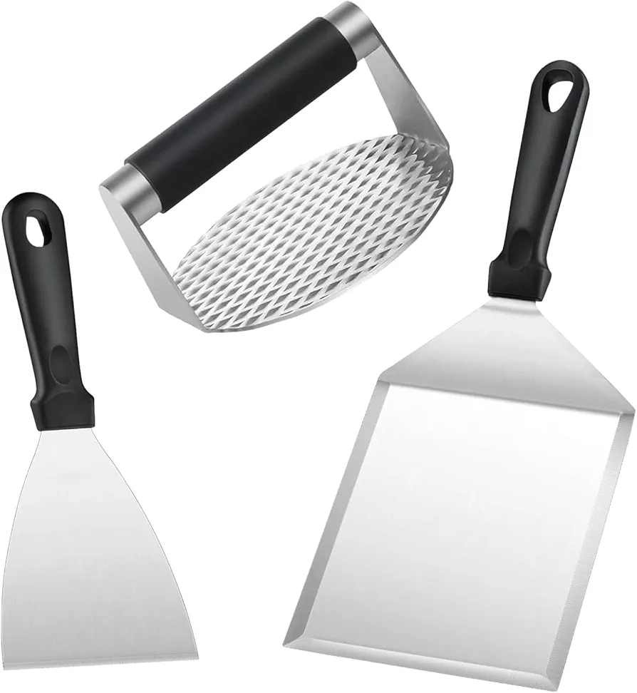 Smash Burger Kit de Acero Inoxidable, Juego de Cubiertos para Barbacoa con Prensa para Hamburguesas Redonda y 2 Espátulas para Barbacoa, Aplastahamburguesas para Hamburguesas, Utensilios para Barbacoa