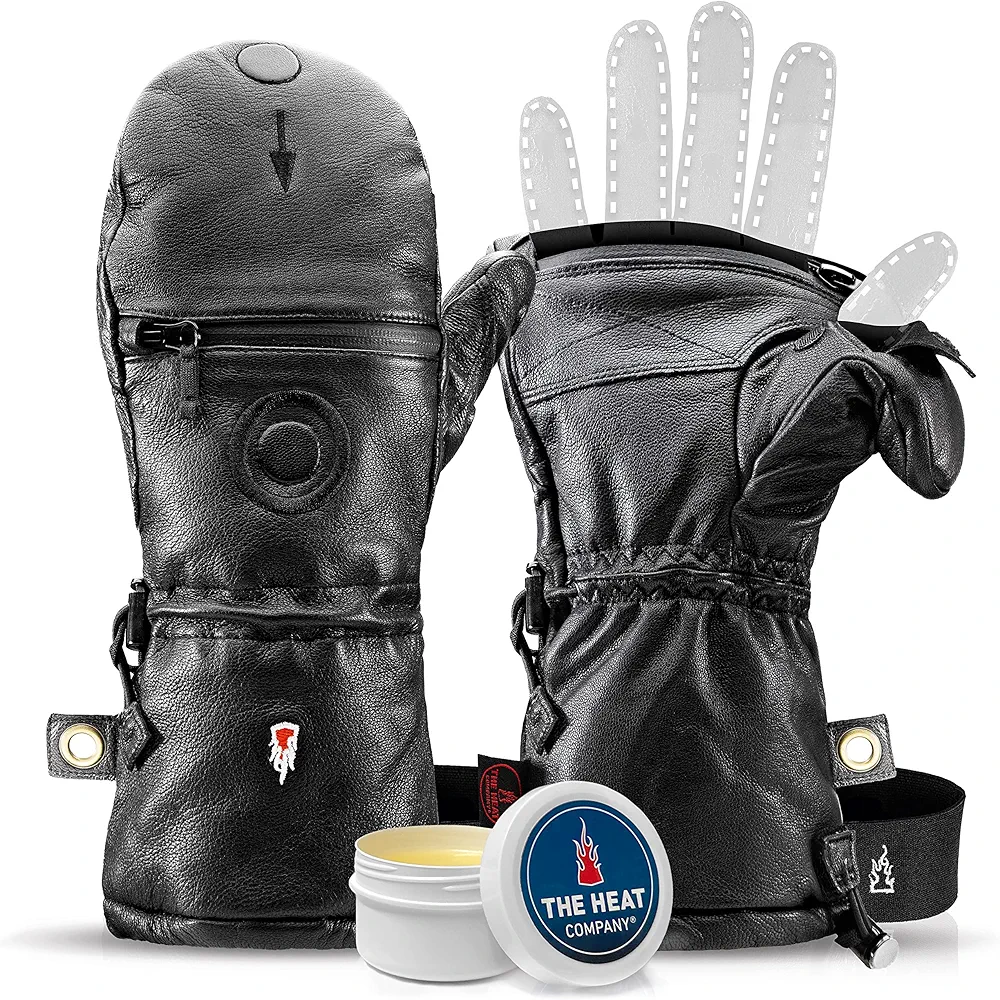 THE HEAT COMPANY Shell Full Leather Manoplas: guantes cuero desplegables - innovación del guantes - guantes esqui extra cálidos - guante termico invierno: hombre & mujer - sin guante interior - unisex