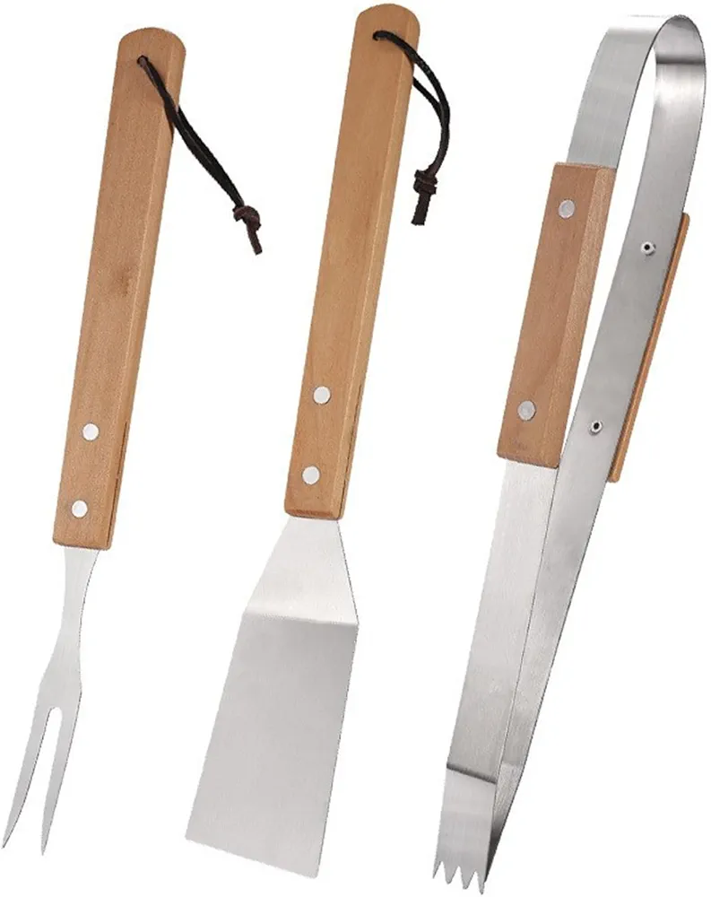 Juego de herramientas de barbacoa con mango de madera, utensilios para parrillas, utensilios de barbacoa al aire libre, herramienta de parrilla de acero inoxidable, accesorios de barbacoa de cocina