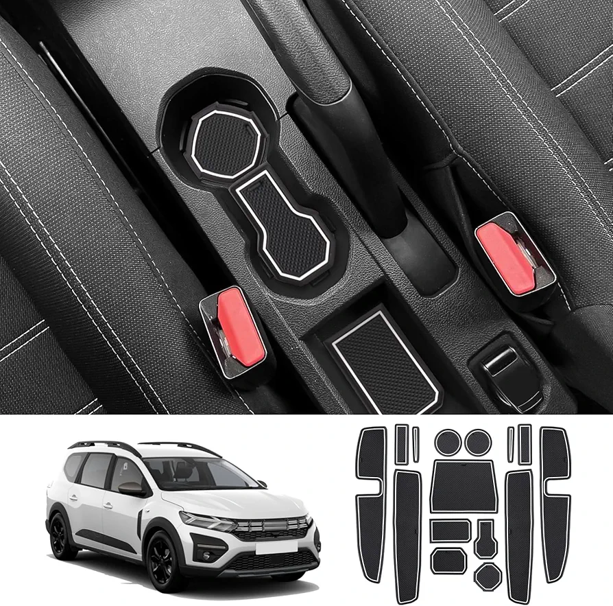 Coleya Alfombrillas Antideslizantes Compatible con Dacia Jogger 2021-2024, Dacia Jogger Accesorios Alfombras de Goma para Consola Central, Ranuras de Puerta, Portavasos, Apoyabrazos (Blanco)