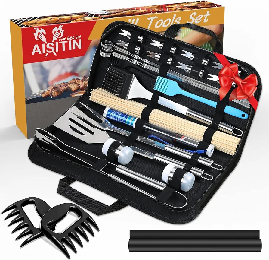 AISITIN Utensilios de Barbacoa Kit de Barbacoa 25 Piezas Accesorios Barbacoa de Acero Inoxidable para Camping Barbacoa Regalo para Hombre（con Palo de Bambú）