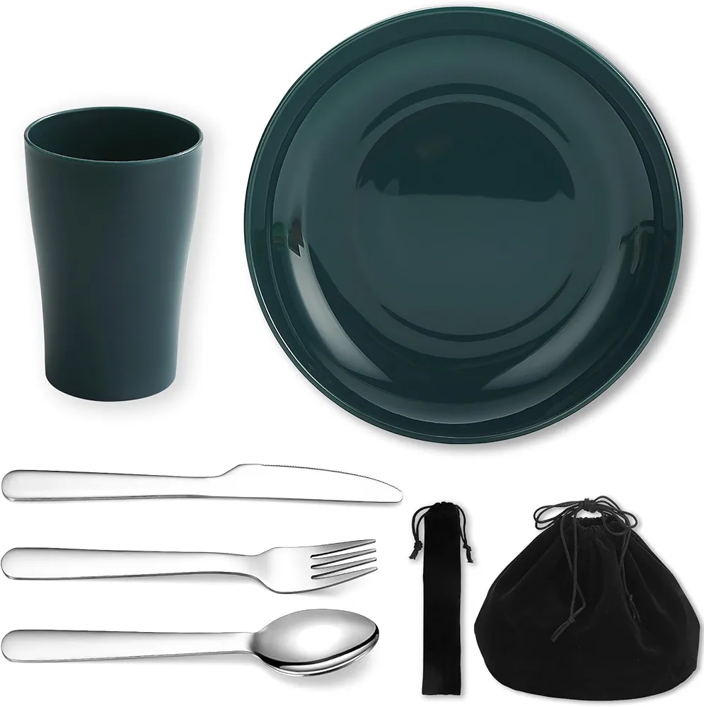 Evanda Juego de Cubiertos de Camping de 5 Piezas, Taza Reutilizable de Peso Ligero, Plato y Juego de Cubiertos de Acero Inoxidable con Bolsa Negra, para Acampar 1 Persona, Apto para lavavajillas